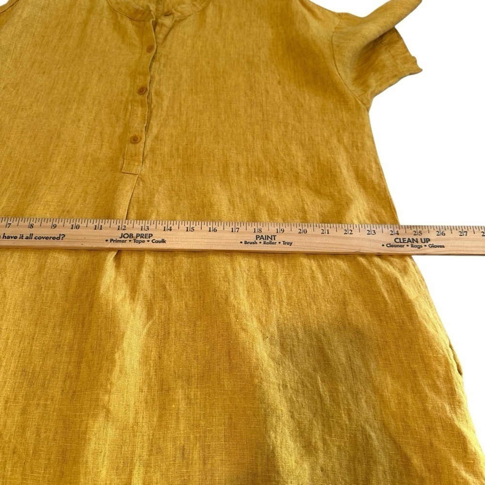 Eileen Fisher Mustard Yellow Button-Up organic linen short sleeve Dress - Picture 9 of 16
